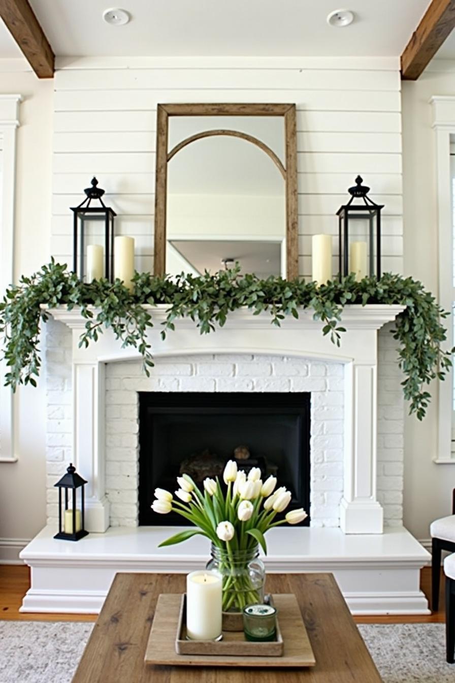 White tulips and greenery create a crisp, fresh mantel decor