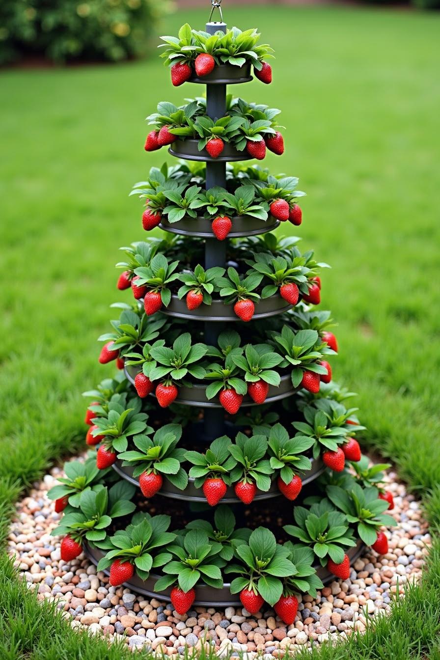 Tiered strawberry planter in a garden