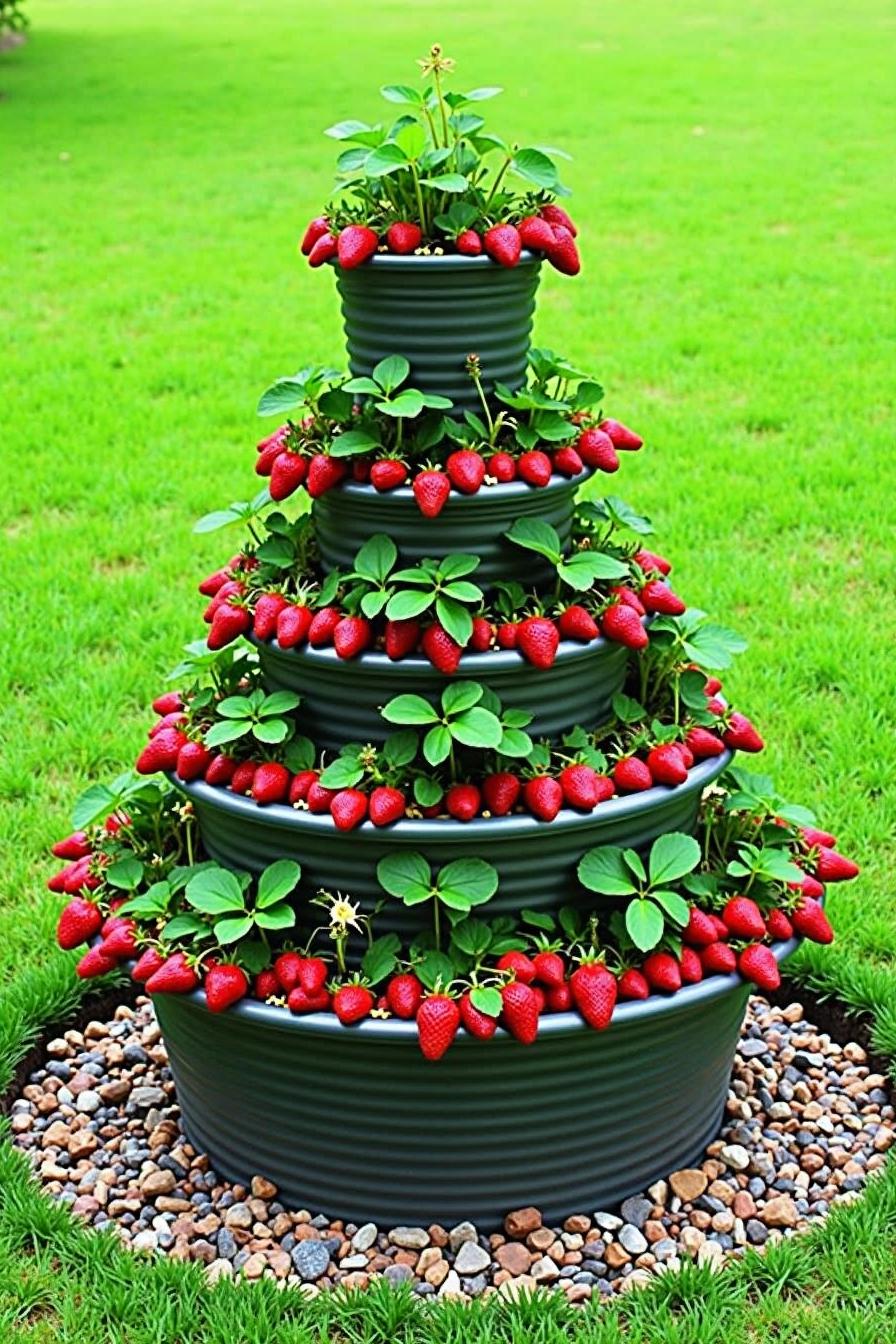 Tiered planter filled with strawberries