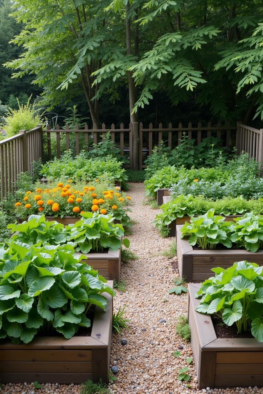 Vibrant raised garden beds with various vegetables