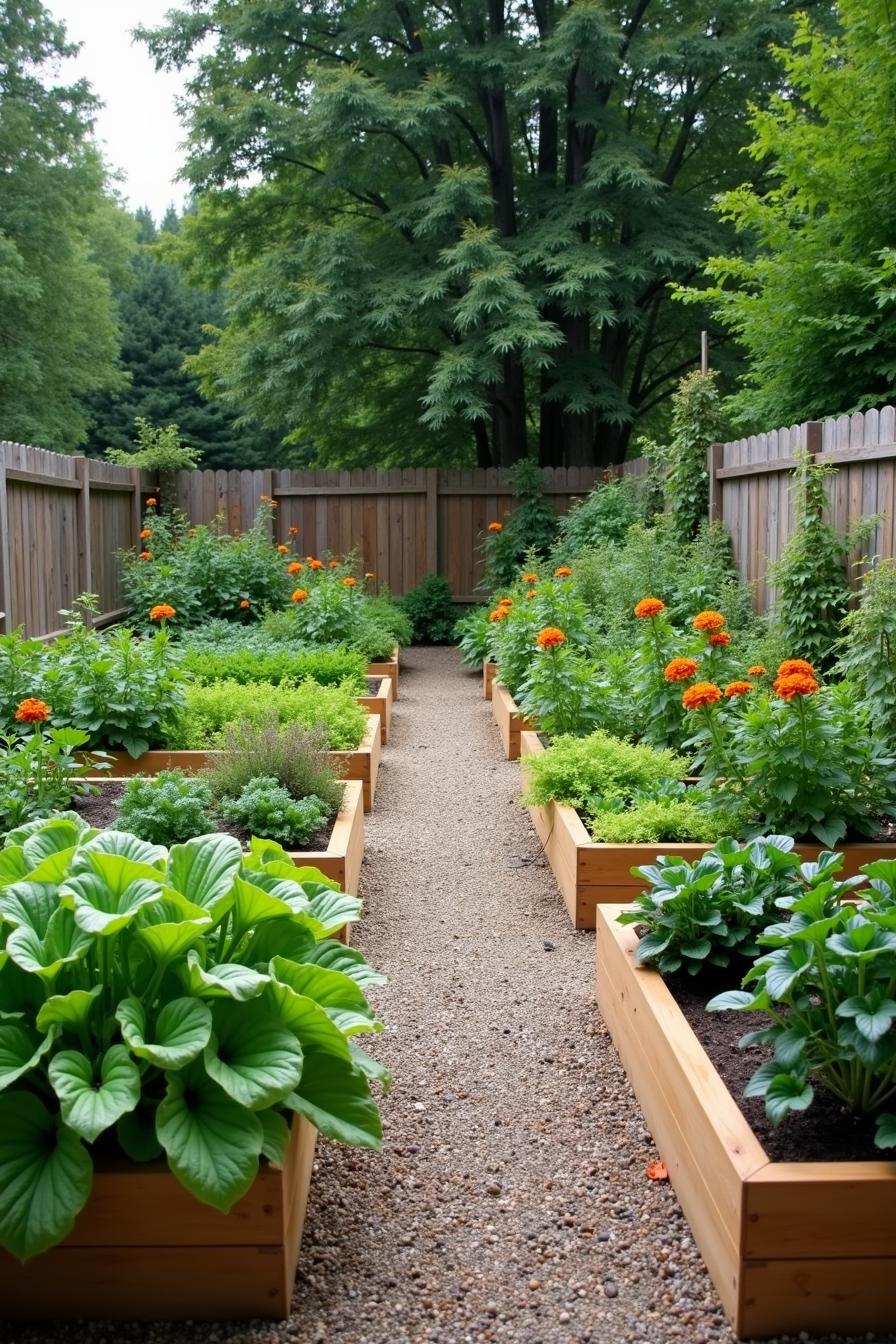 Fresh vegetables growing in wooden raised beds with a pebbled path