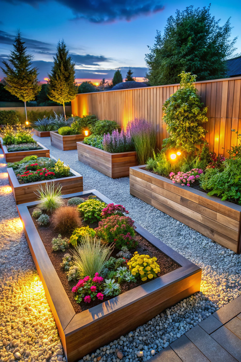 Wooden raised flower beds with vibrant plants, beautifully lit at twilight