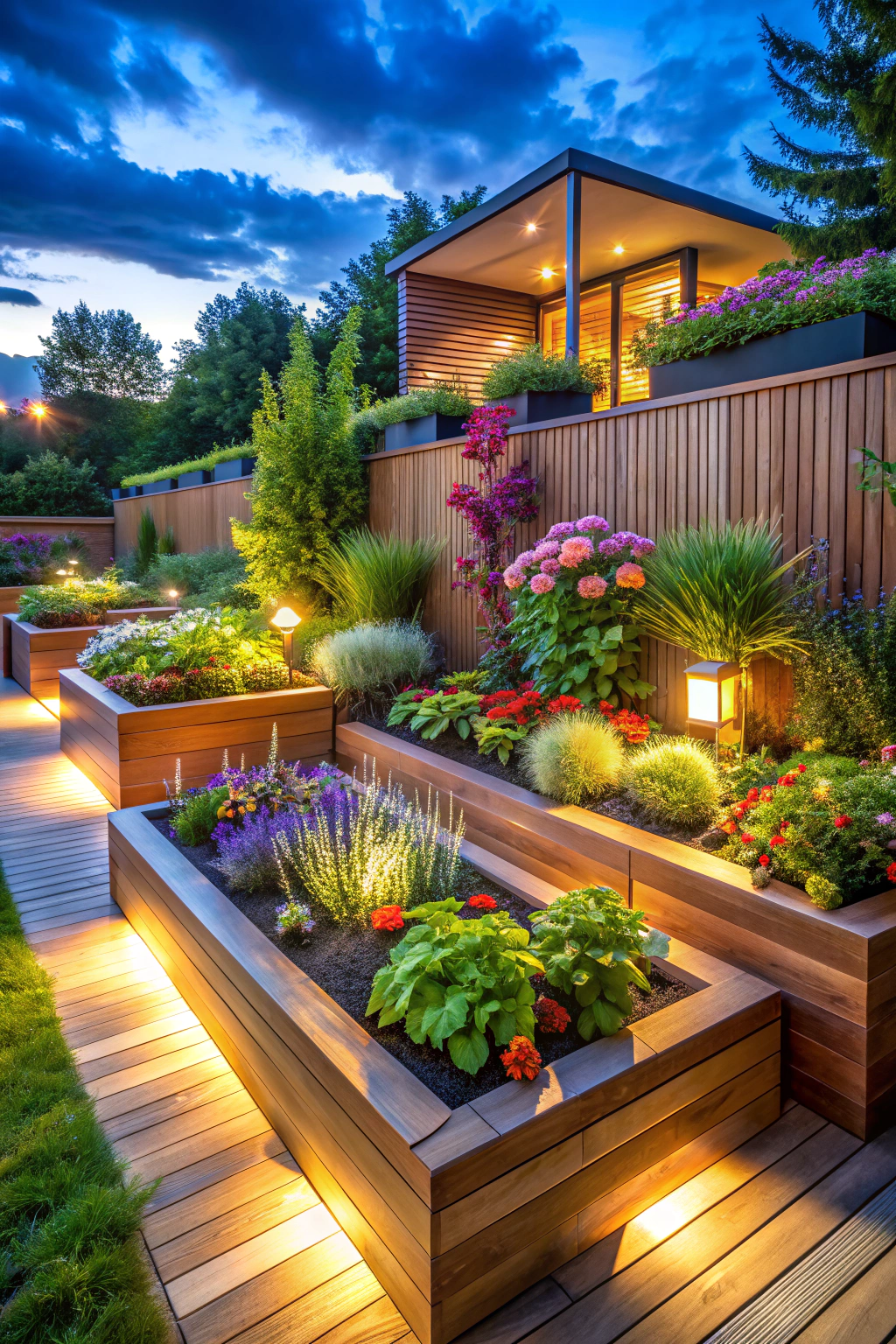 Modern wooden raised flower beds with vibrant blooms and soft lighting