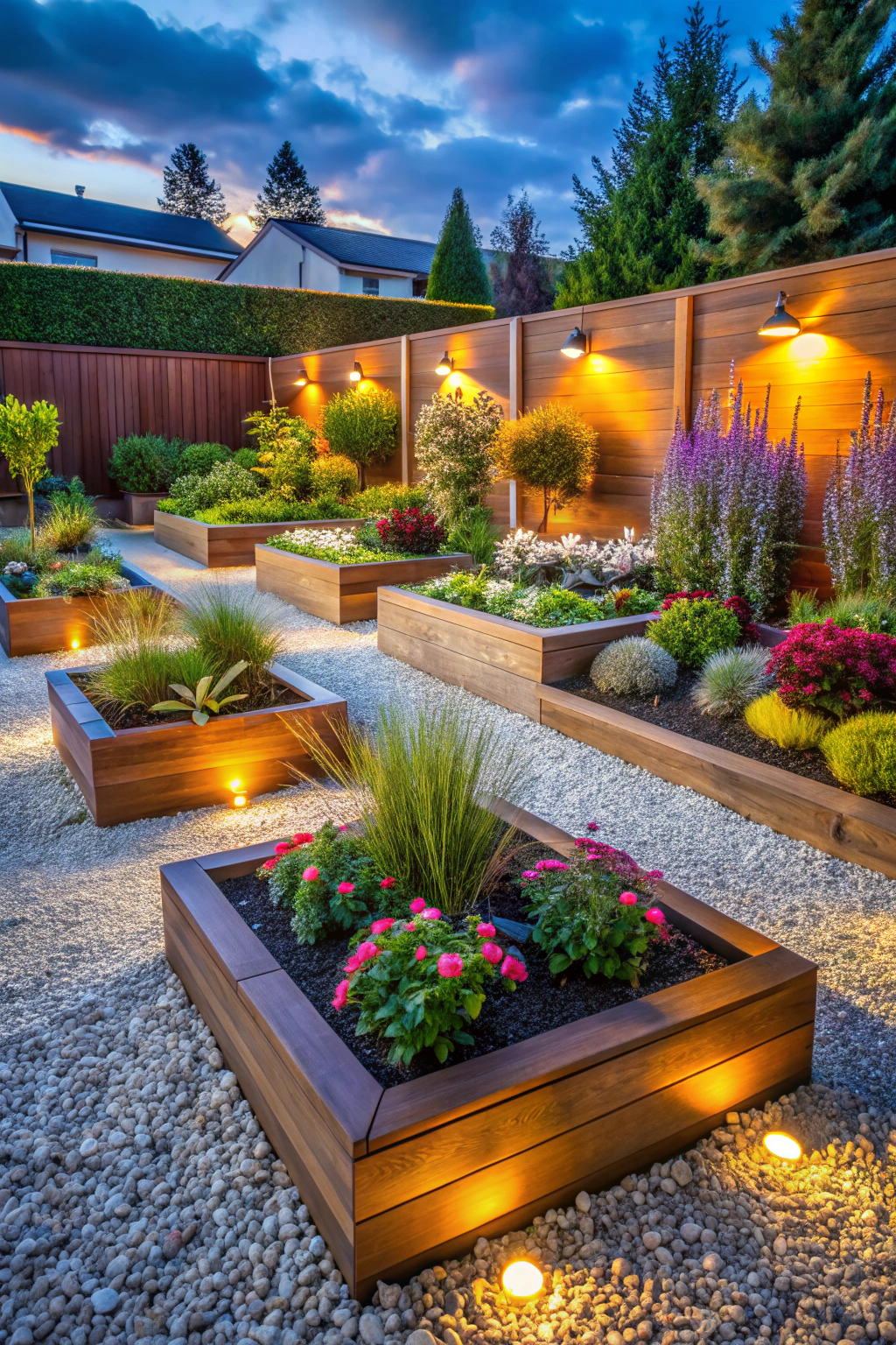 Illuminated raised flower beds with vibrant plants at dusk