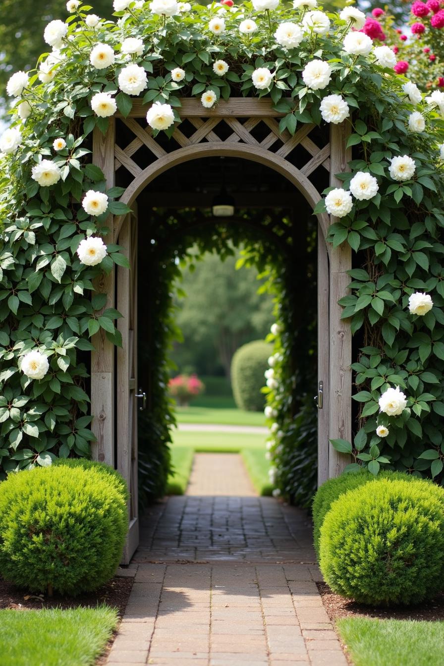 Arched wooden entryway adorned with white flowers