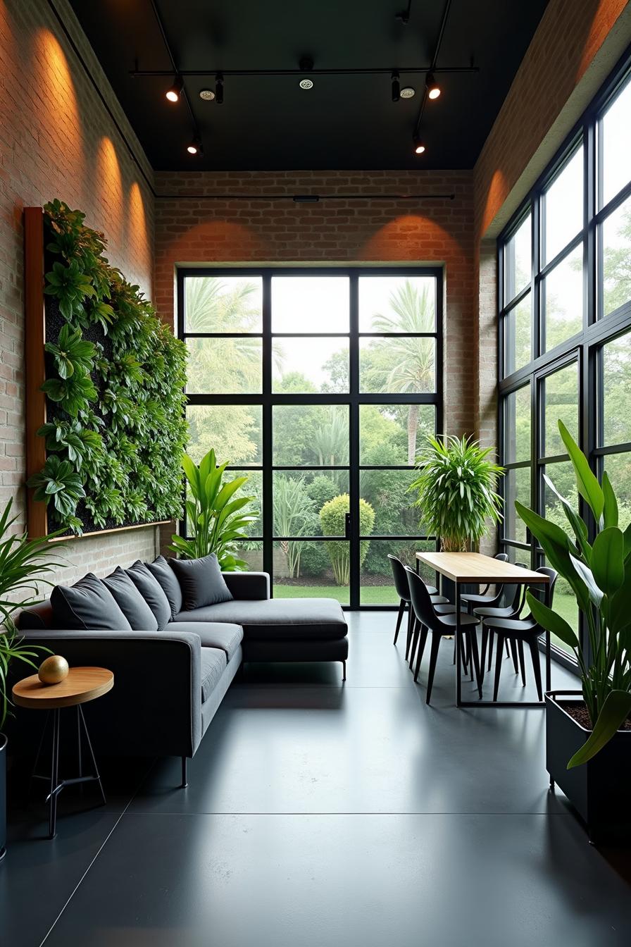 Modern interior with vertical garden and large windows