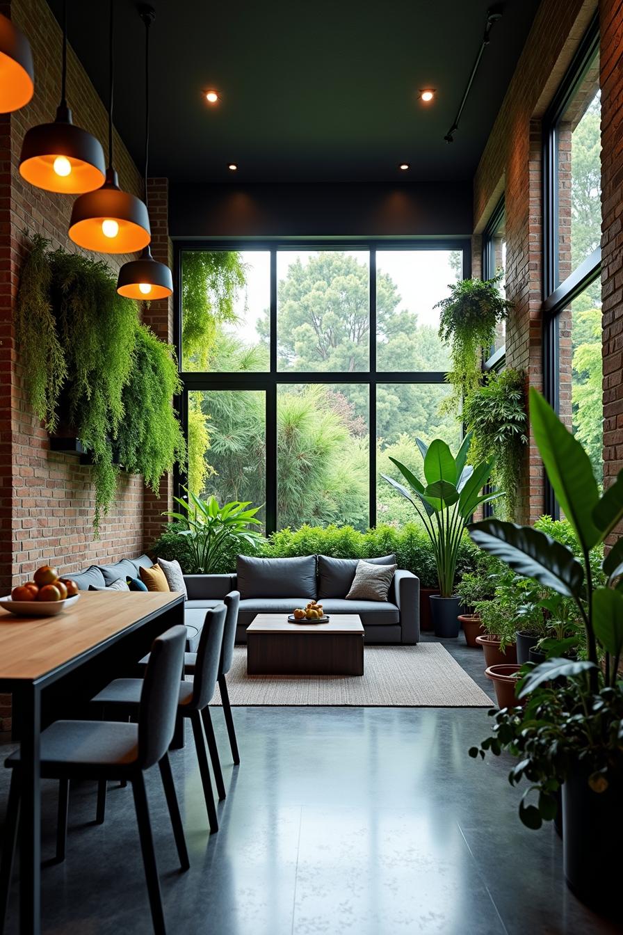 Modern interior with lush greenery and a brick wall