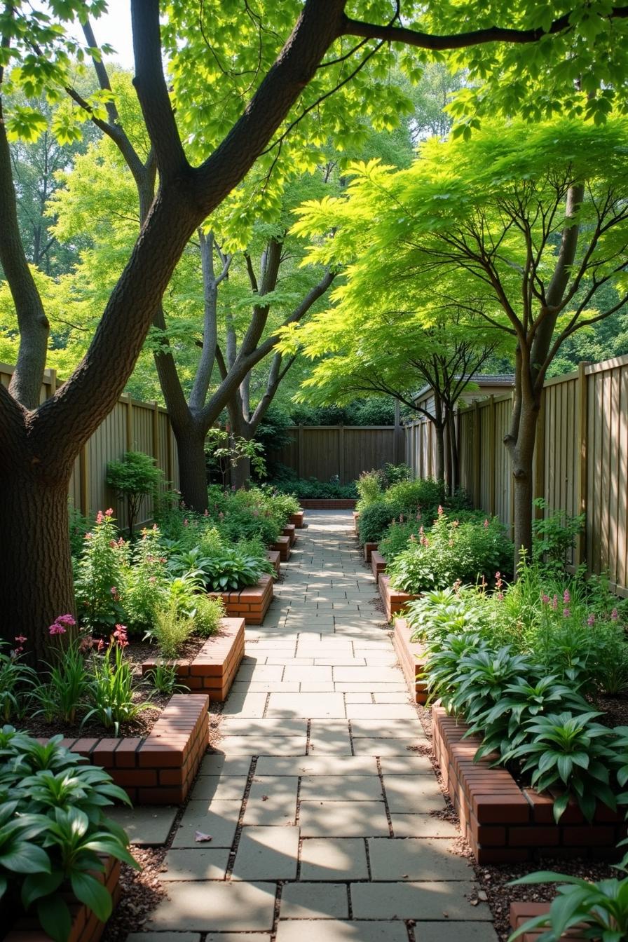 Stone path beside raised garden beds