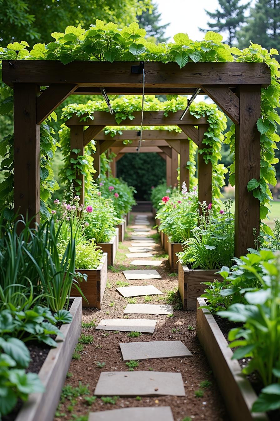 Row of Raised Beds with Overhead Green Archway