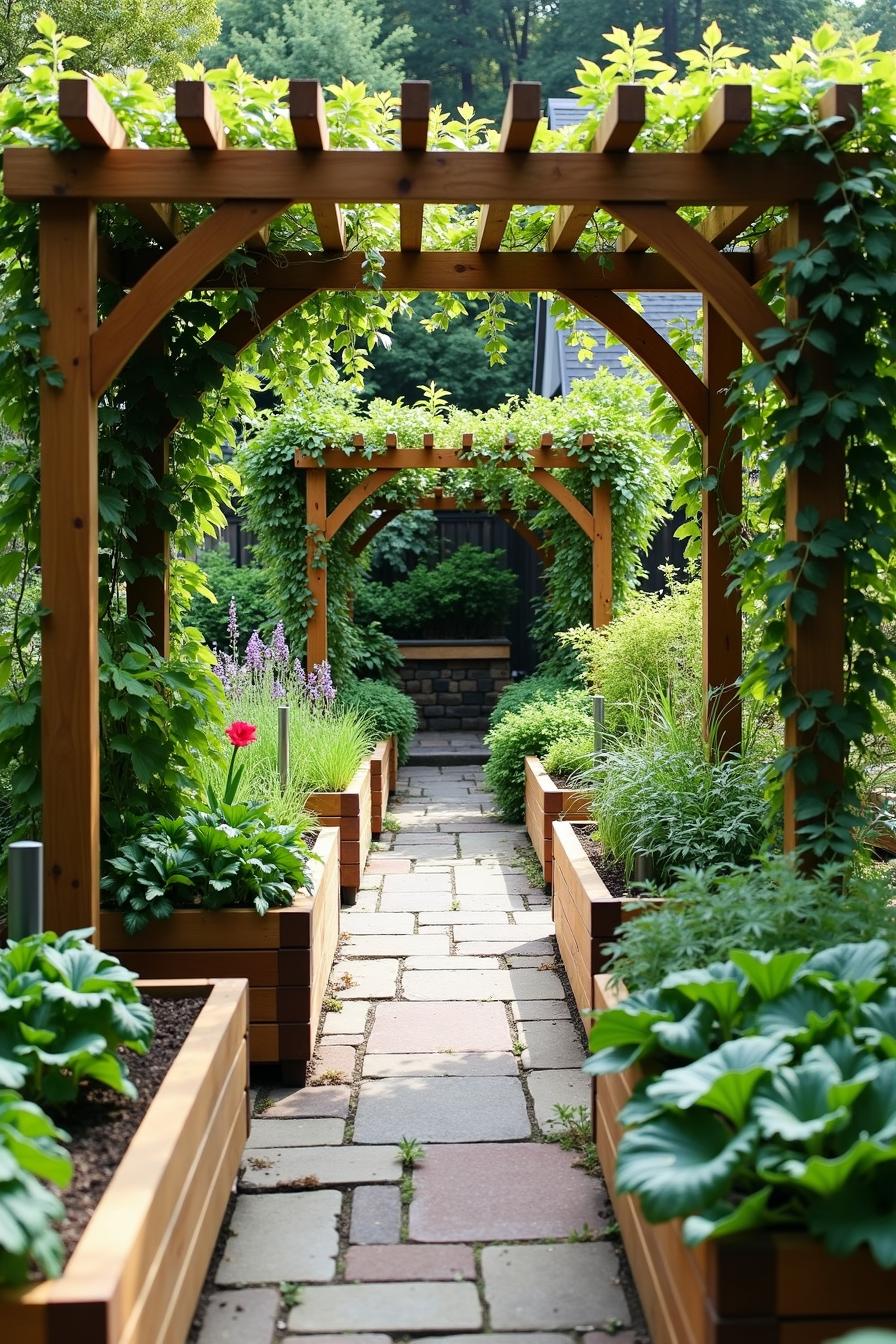 Wooden arches lead through vibrant vegetable garden