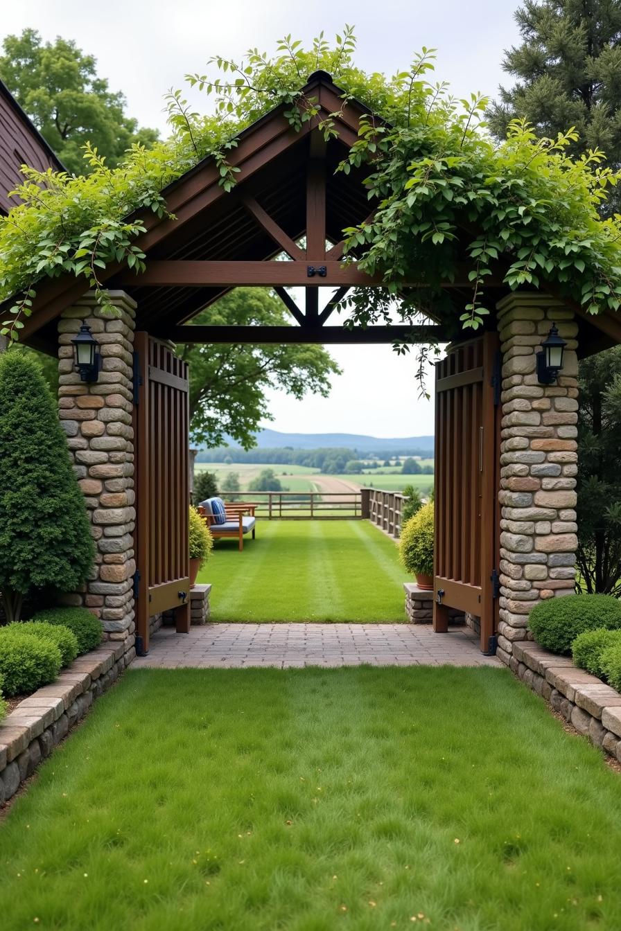 Charming stone entrance with lush greenery