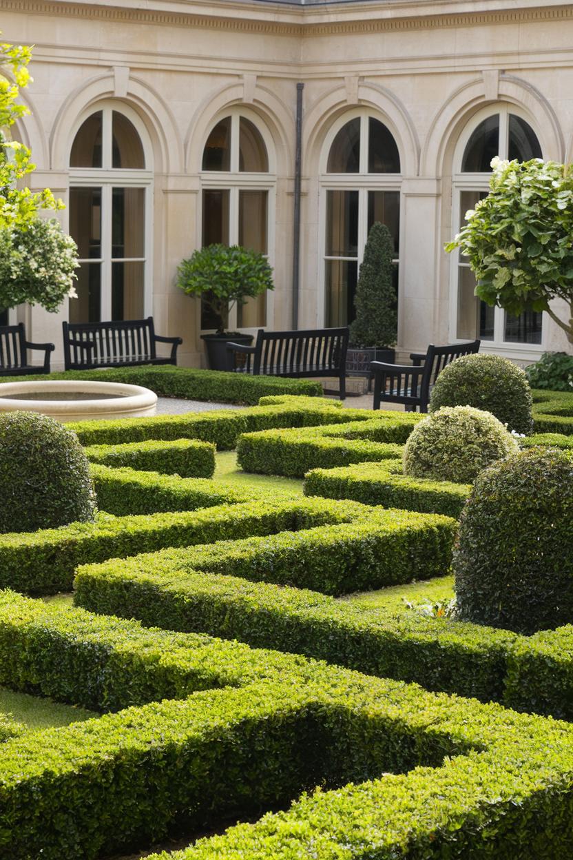 Green boxwood garden with arched windows and benches