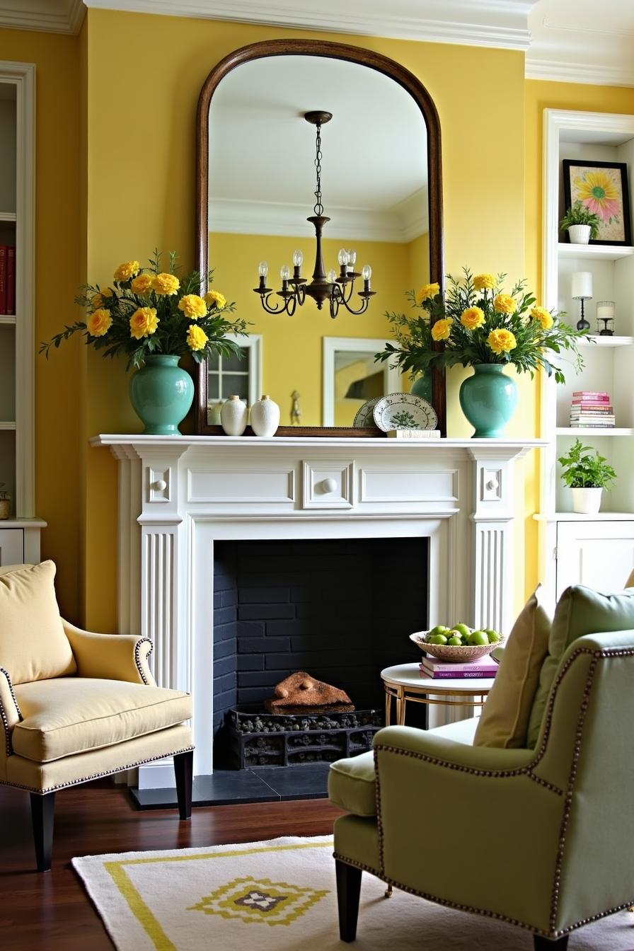 Yellow and green decor with floral accents on a mantel