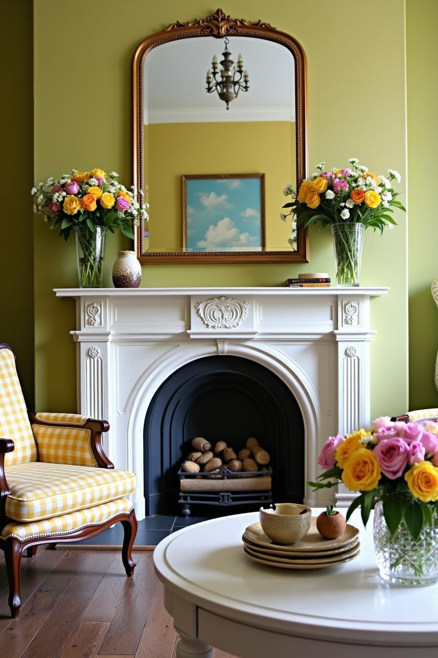 Elegant mantel decorated with fresh flowers and a large mirror