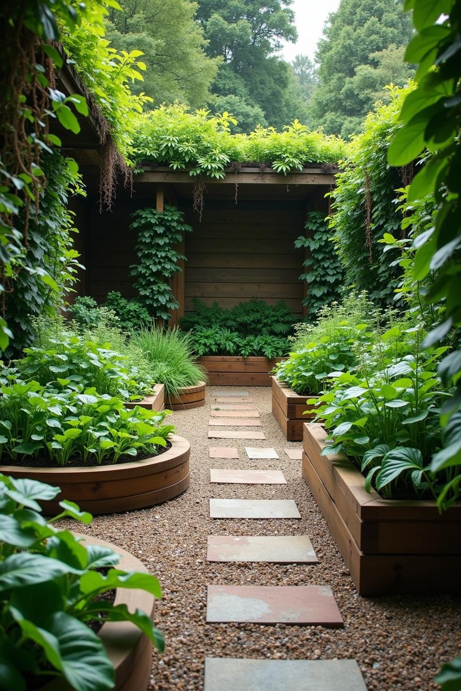 Rows of raised garden beds with lush greenery