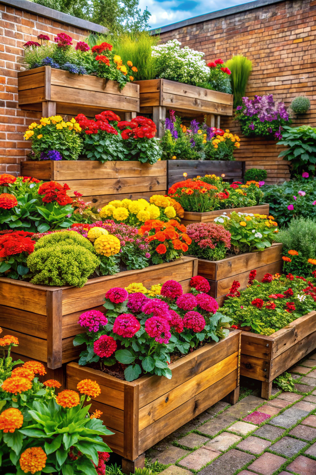 Colorful raised flower beds against a brick wall