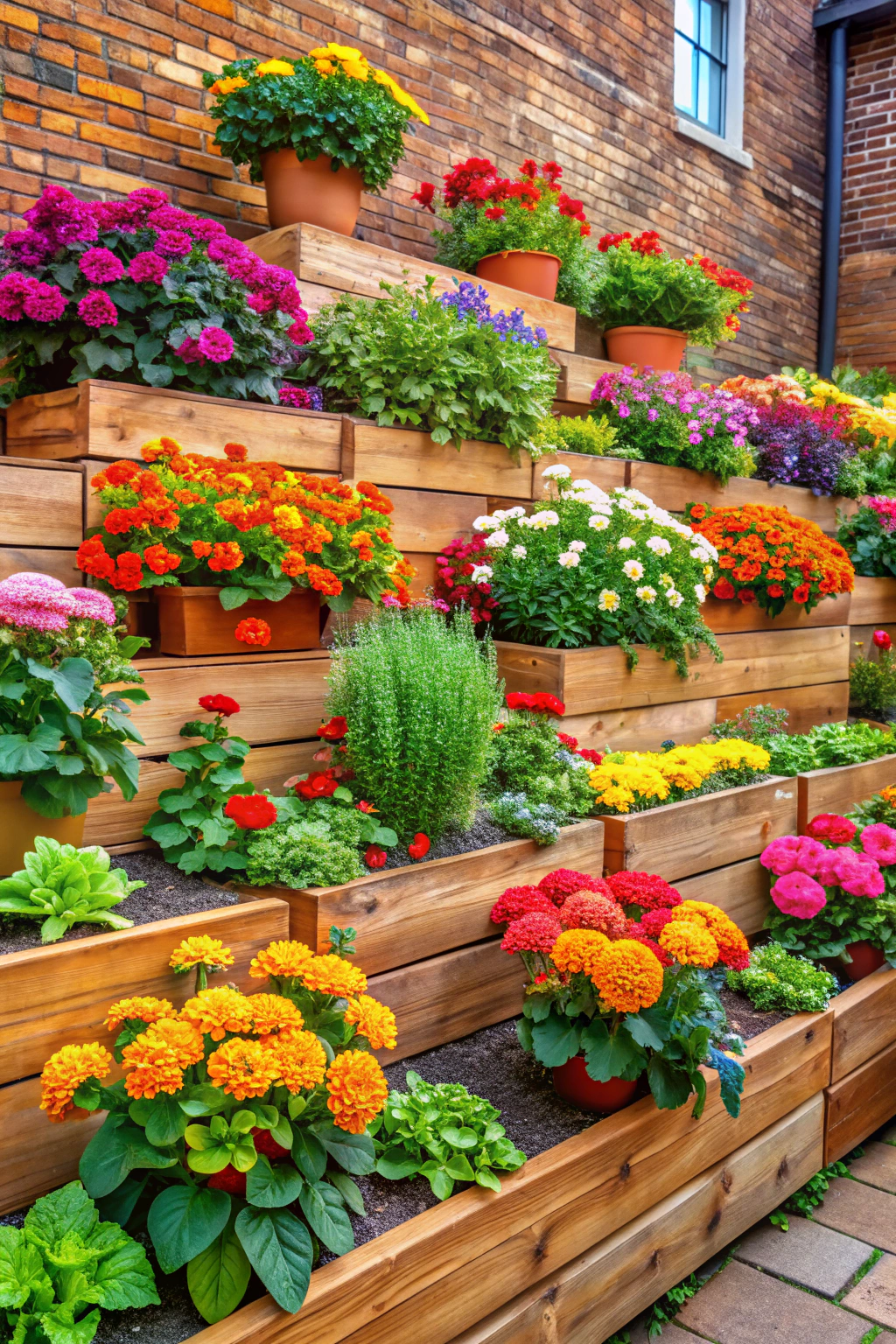 Wooden planters overflowing with vibrant flowers against a brick wall