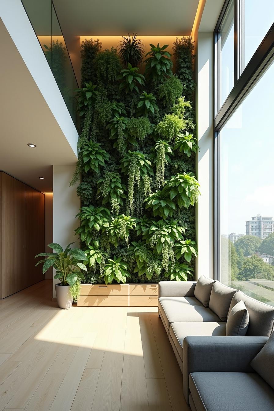 Indoor living wall with sunlight flooding in