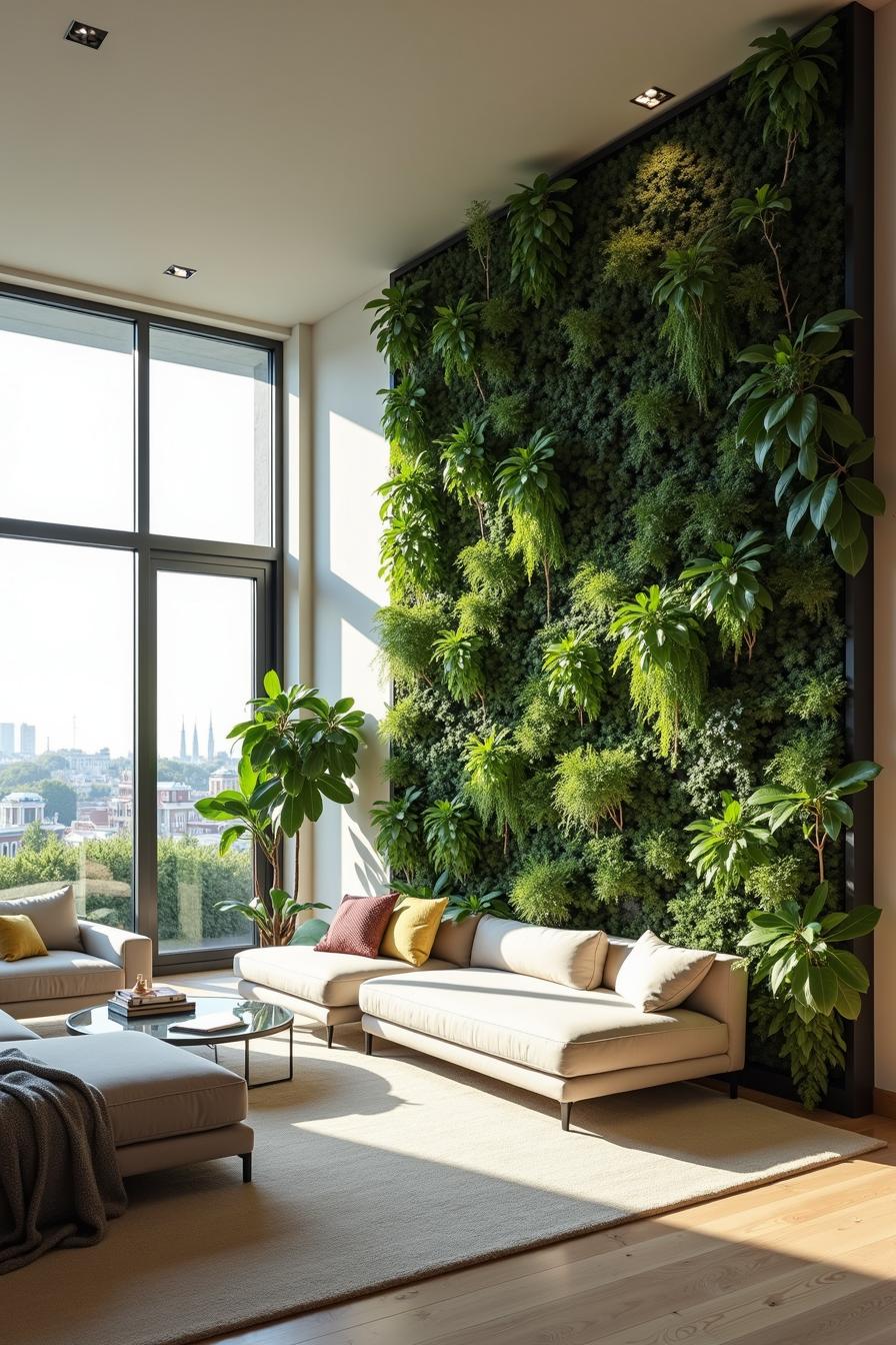 Spacious living room with towering vertical garden and cozy sofas