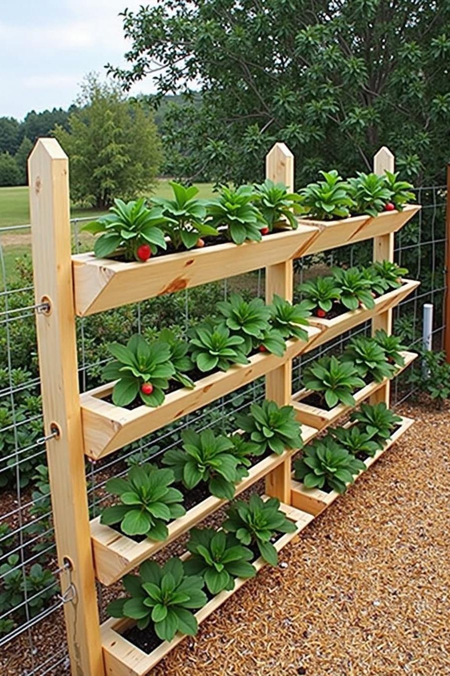 Wooden planter shelves with strawberry plants