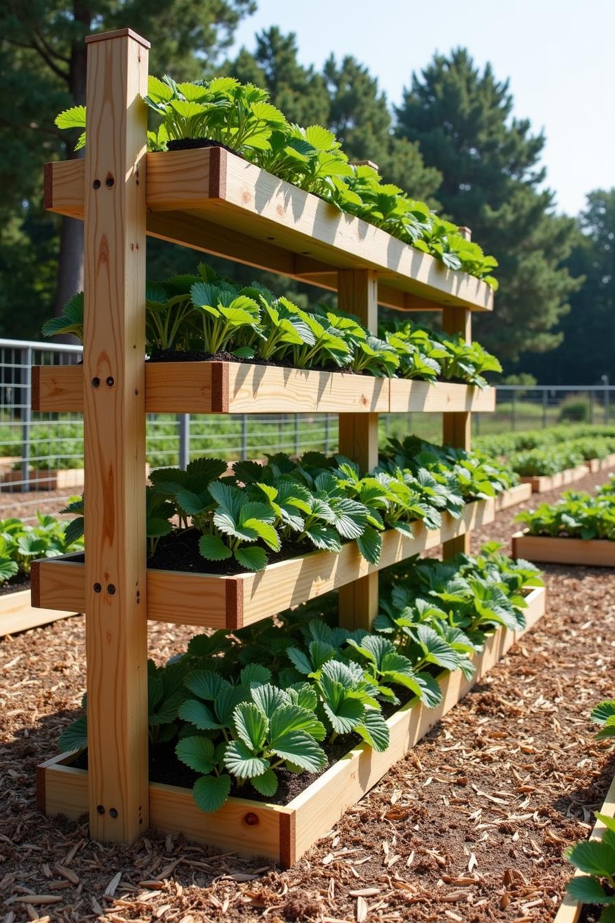 Wooden plant shelves with lush green strawberry plants