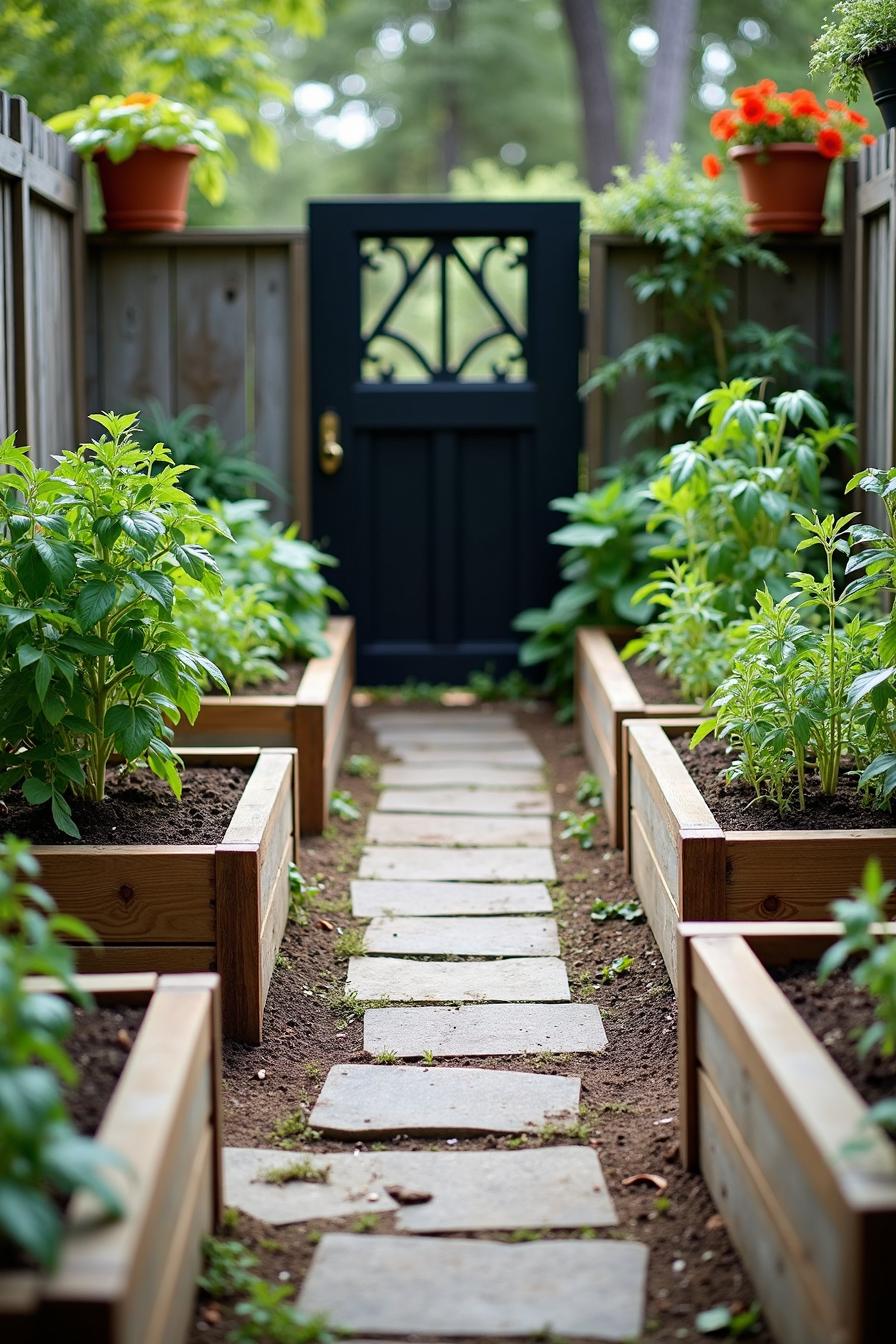 Pathway flanked by flourishing vegetable beds and potted plants