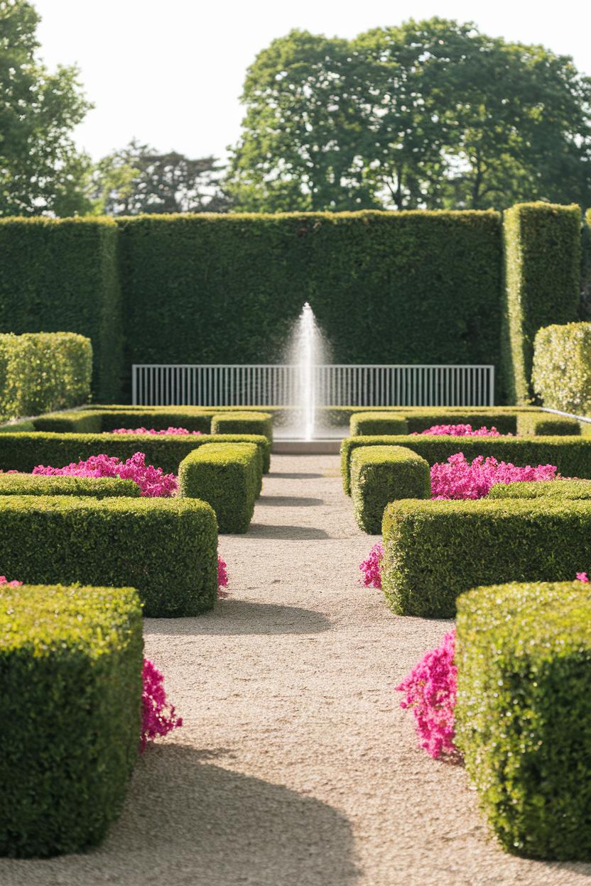 Boxwood hedges with magenta flowers and a central fountain