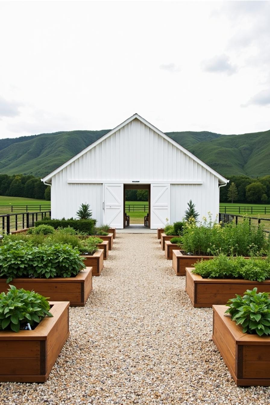 Rows of raised wooden garden beds along a gravel path, leading to a white barn