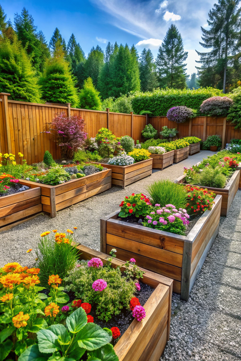 Colorful flowers in wooden garden beds with a fence and trees