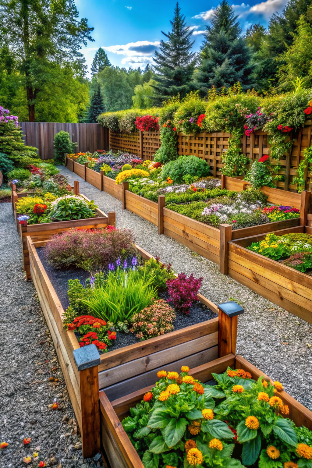 Colorful flowers in wooden raised garden beds surrounded by lush greenery