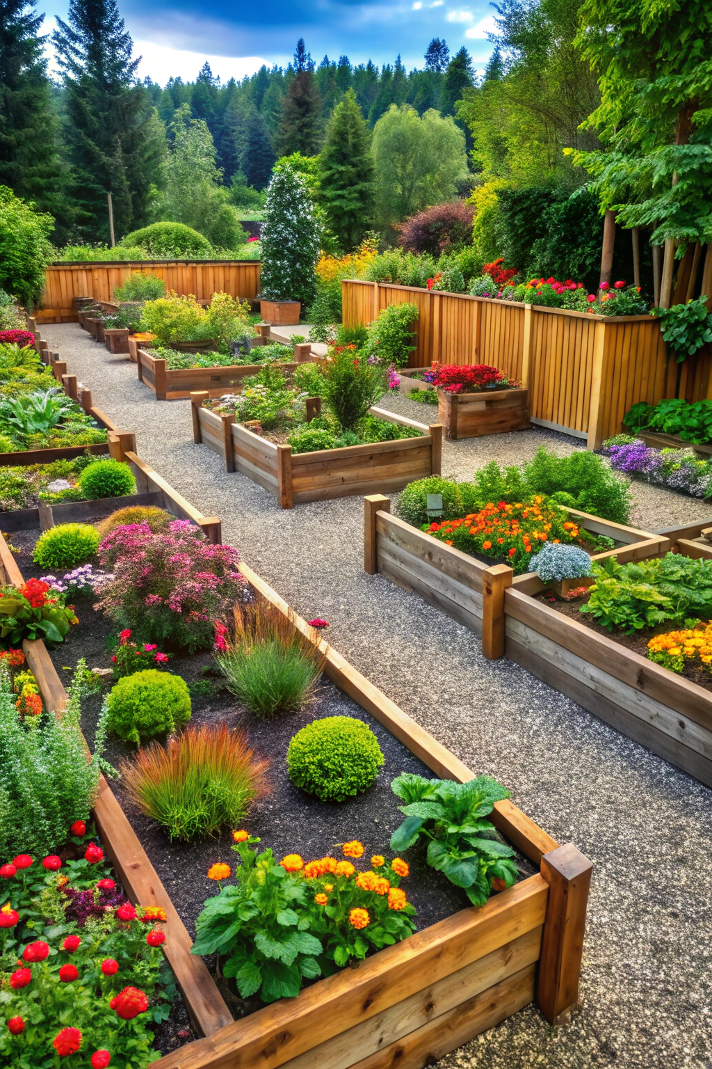 Colorful raised flower beds with a gravel path