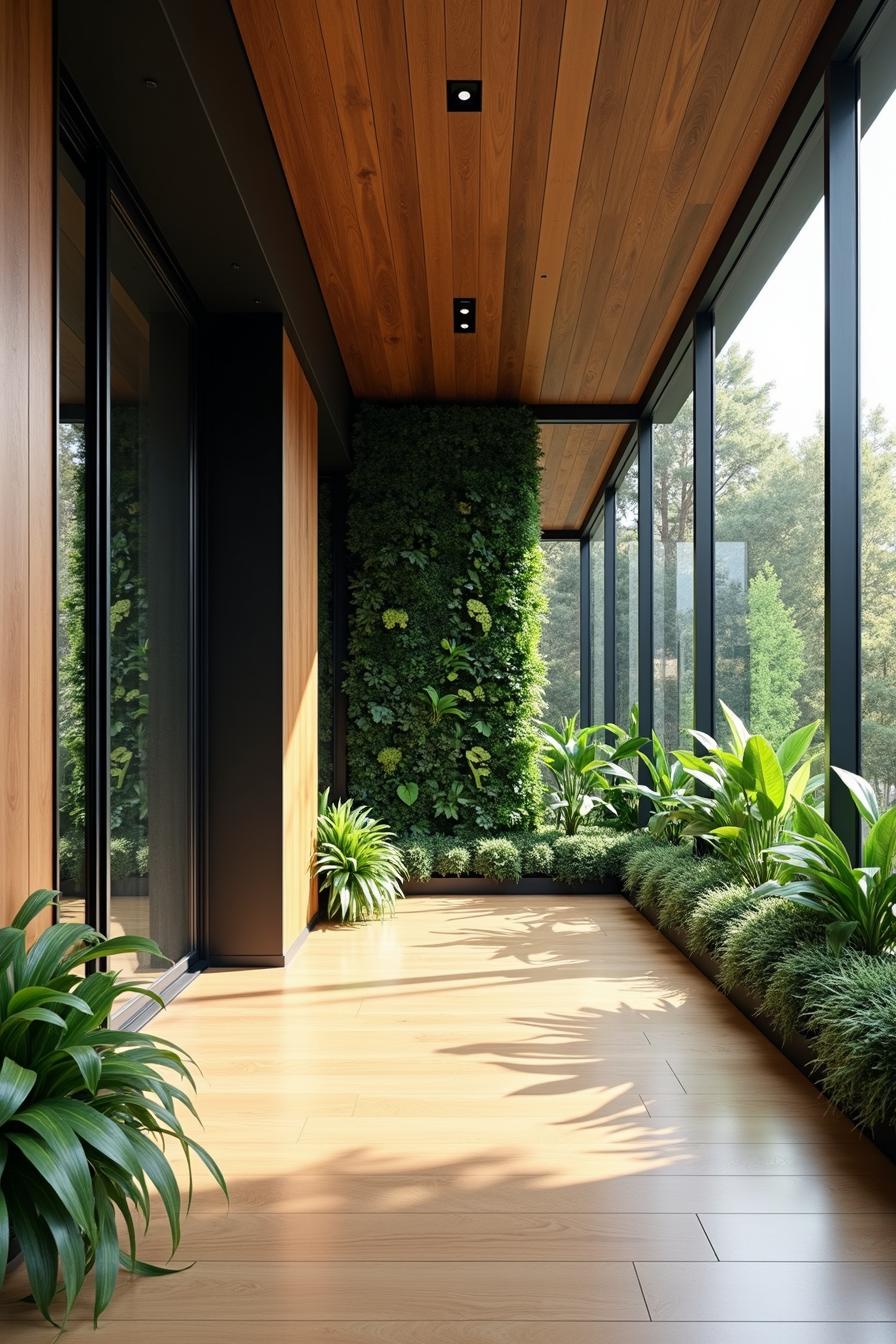 Sunlit corridor with lush vertical garden and wooden accents