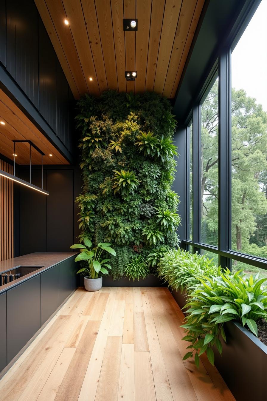 Sunlit corner with lush vertical garden and large windows