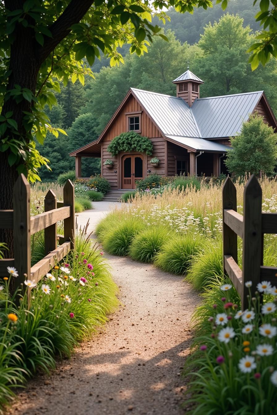 Charming farmhouse entrance with lush gardens