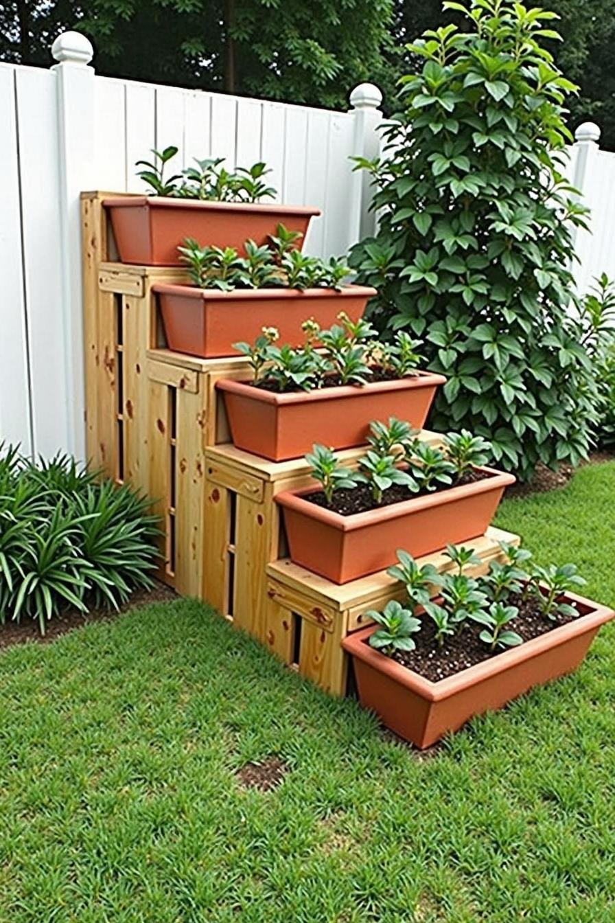 Tiered planters with strawberries against a white fence