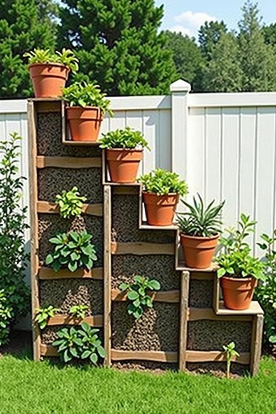 Potted strawberries on a tiered wooden structure