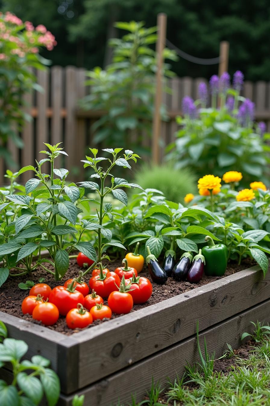 Colorful vegetables in a wooden raised bed garden