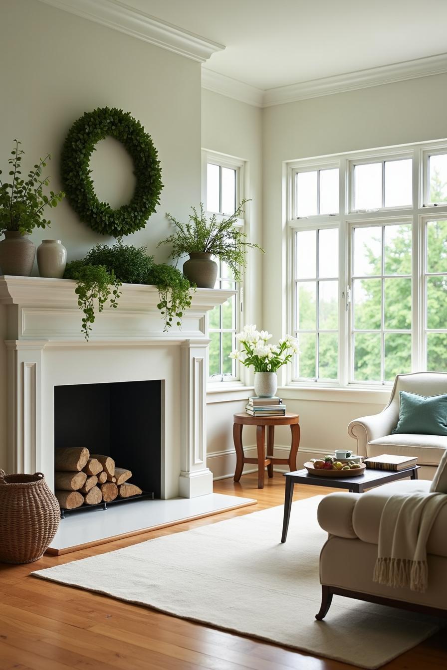 Elegant mantel adorned with lush greenery and light decor