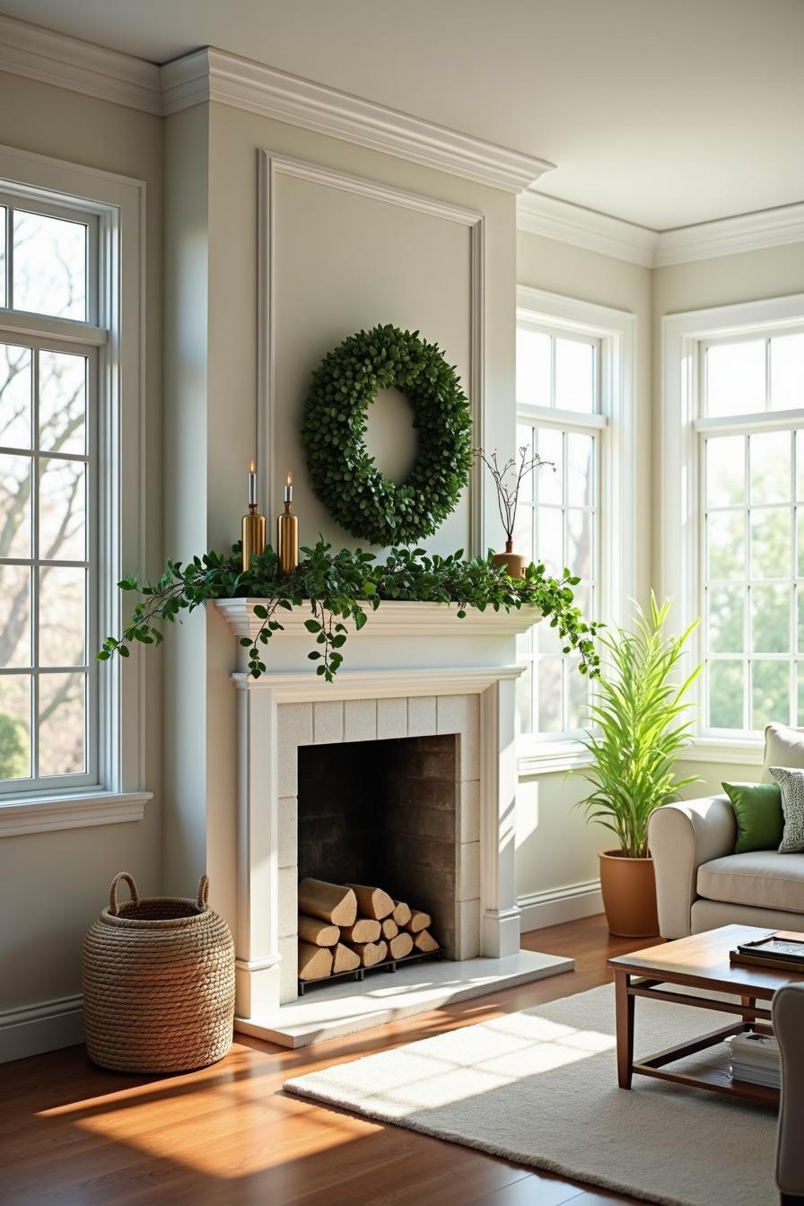 Spring mantel with greenery and candles