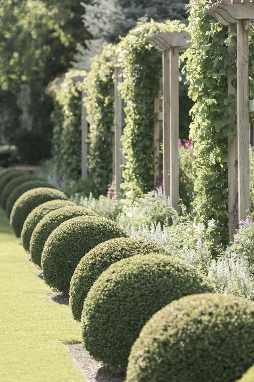 Boxwood balls in a row beneath wooden pergolas