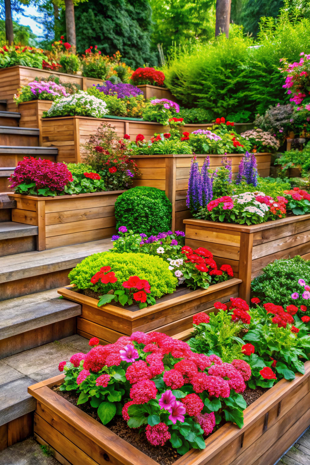 Vibrant raised flower beds with wooden framing