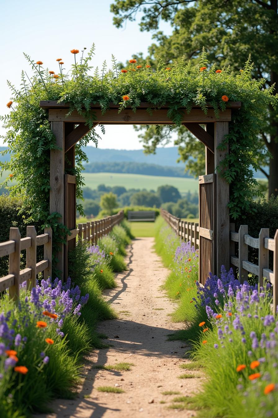 Arched wooden trellis with lush greenery and flowers above a gravel path