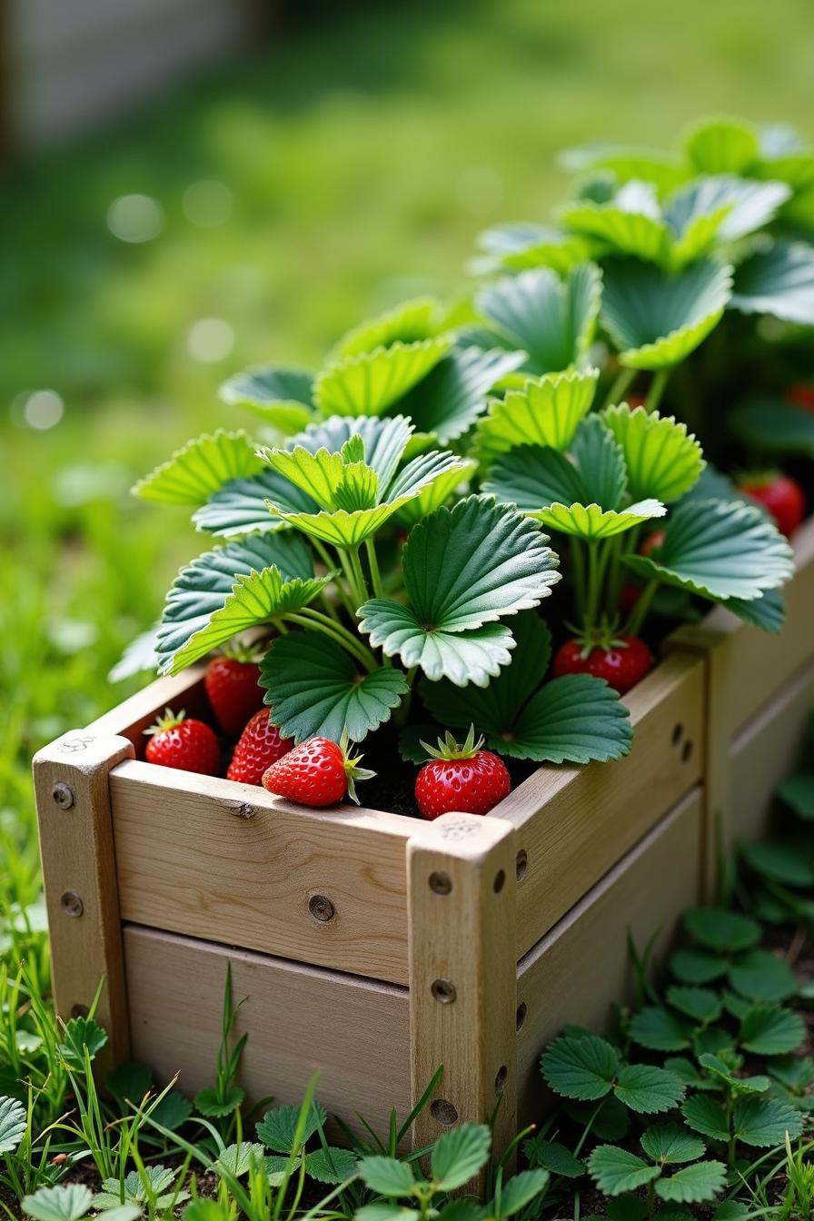 Strawberries growing in a wooden box planter