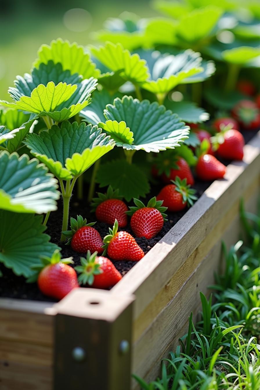 Lush strawberry plants in a wooden planter