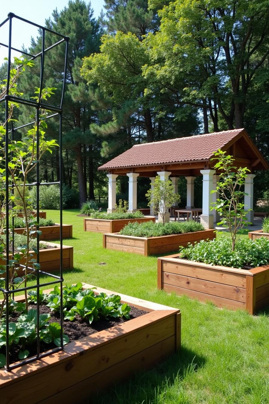 Raised beds with wooden structures and a pavilion in a lush garden