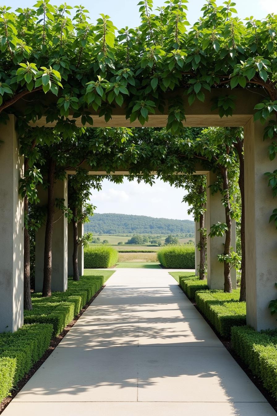 Concrete path under a green vine-covered pergola