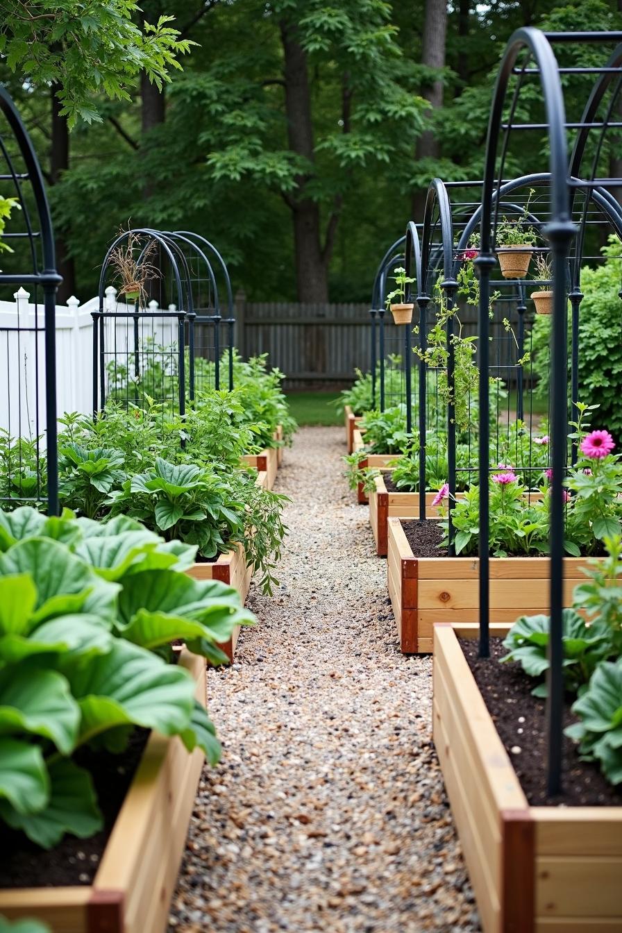 Charming pathway through raised vegetable beds