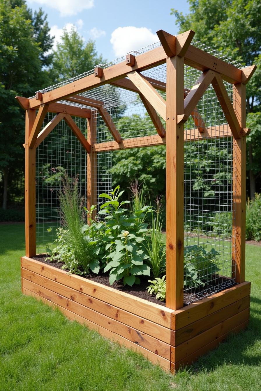 Raised wooden garden bed with wire trellis