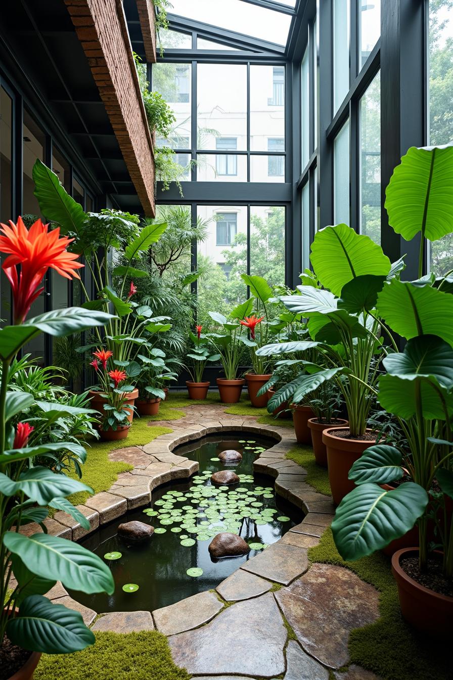 A serene indoor garden with vibrant plants and a small pond