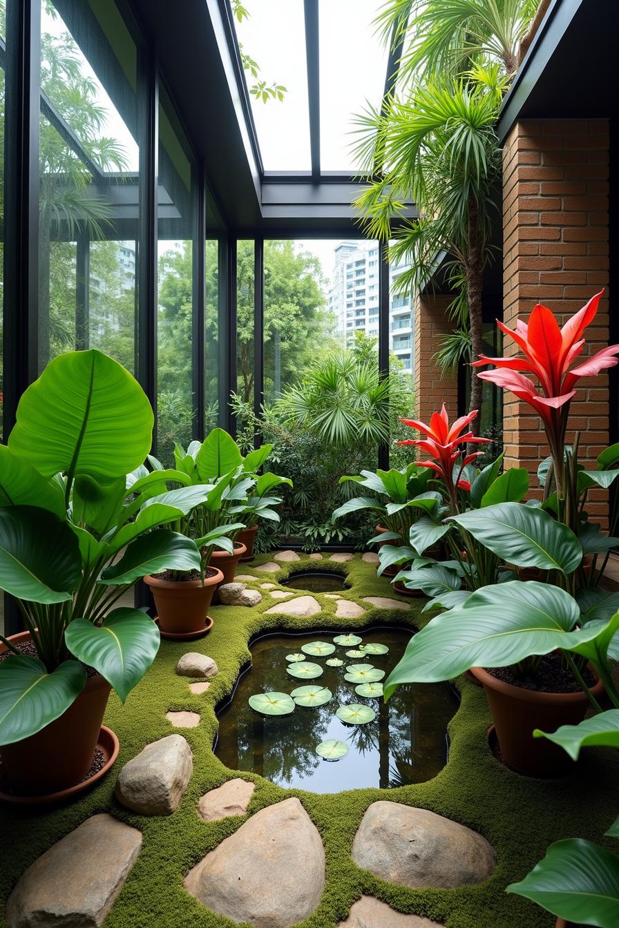 Glass-enclosed garden with lush plants and pond